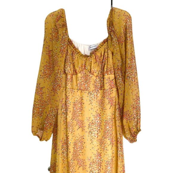 Piper and Scoot Yellow Shimmer Floral Long Sleeve Midi Dress Size Medium - Picture 3 of 12
